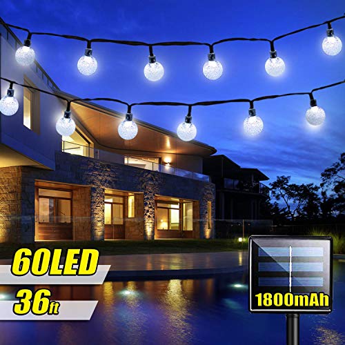 iihome Solar Garden Lights,60 LED String 36ft Outdoor Waterproof Solar-Powered Crystal Ball Decorative Lights for Garden,Patio,Yard,White, 36feet