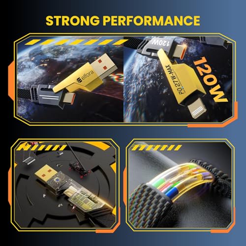 Image of Elfora 120W 4 in 1 Multi Function Braided Fast Charging Cable | Quad 1.5m Rugged Multi Function | Type C to USB A | Type C to Lightning | Compatible with iPhone, Macbook, Samsung, Tablets & More