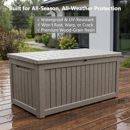 Image of Large 258 Gallon Resin Deck Box, Heavy Duty Lockable Patio Storage Box Outdoor, Waterproof Tool Box for Garden Furniture Cushions & Pool Supplies, Wood Grain Outdoor Storage Bench for Backyard