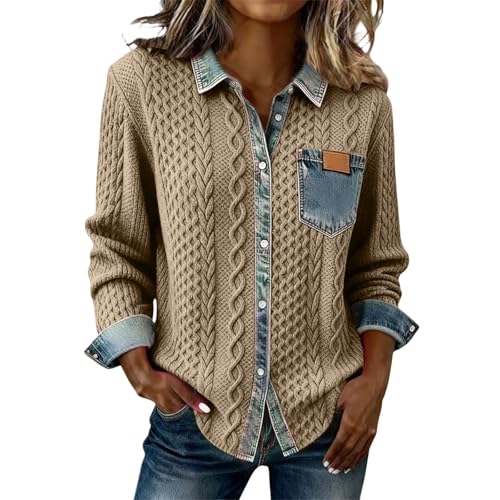 Dressly Capsule Wardrobe,Womens Corduroy Shirts Casual Denim Patchwork Collared Button