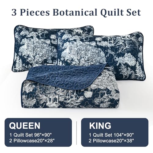 Colcha Queen azul marino transpirable de microfibra con edredón floral de 3 piezas 8