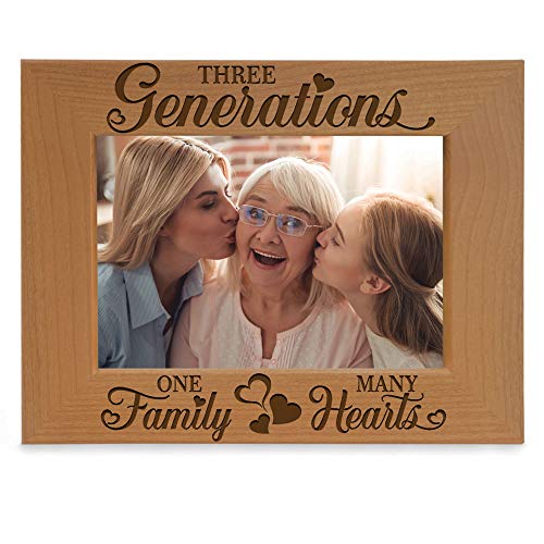 Image of KATE POSH - 3 Generations of Love, Three Generations One Family Many Hearts Engraved Natural Wood Picture Frame - Mother's Day, Father's Day, Grandma & Grandpa Gifts (4" x 6" Horizontal)