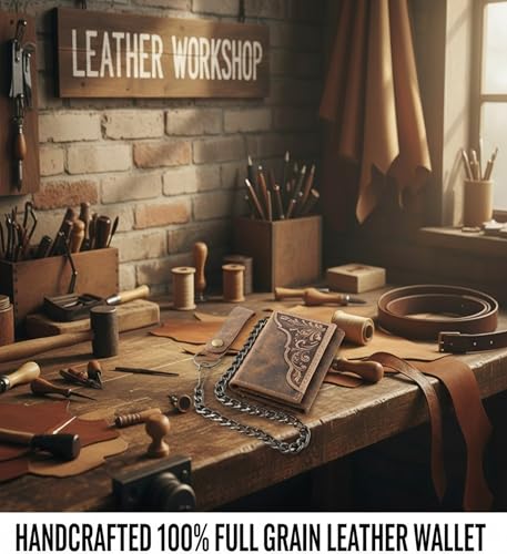 Image of F&L CLASSIC RFID Blocking Men's Tri-fold Vintage Biker Cowhide Leather Steel Chain Wallet,Snap closure, brown, western style,315-83