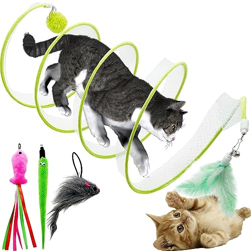 Self Play Cat Hunting Spiral Tunnel Toy Folded Cat Spring Tunnel Toys for Indoor Cats (Green)