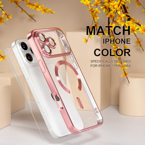 Image of Misea Magnetic for iPhone 17 Pro Max Case Compatible MagSafe Pink | [Never Yellowing] [Military Drop Protection] Full Camera Lens Protector Plating Soft Clear Phone Case for Women, Pink