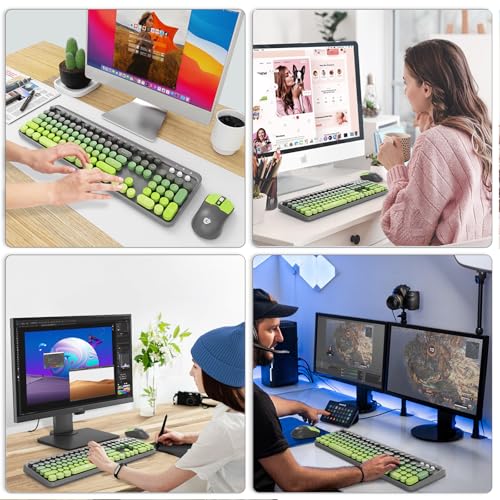 Image of FOPETT Wireless Keyboard and Mouse Combo, 104 Keys Full-Sized 2.4 GHz Round Keycap Colorful Keyboards, USB Receiver Plug and Play, for Windows, Mac, PC, Laptop, Desktop (GreyGreen)