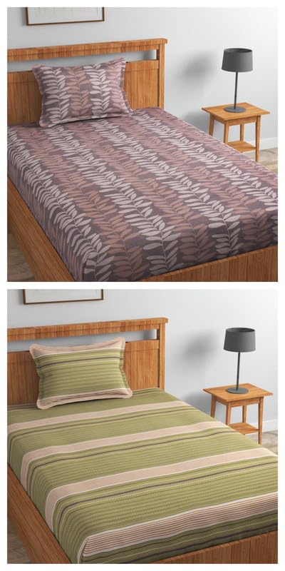 220 TC Single Bed Sheet Set – Pack of 2 Bedsheets with 4 Pillow Covers Soft & Durable for Single Bed – Light Green & Grey