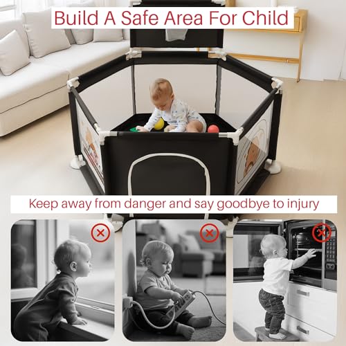 Image of Baybee Neo Plus Kids Playpen for Babies | Baby Activity Playards with Basket Ball Hoop, Zipper Door & Corner Protection | Baby Play Area Indoor Setup with Hexagon shape for Extra Space | Outdoor Play Pen for Baby up to 5 Years (Black)