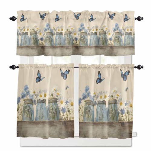 Flower Butterfly Kitchen Curtains 36 Inch Length,3 Piece Rod Pocket Small Half Tiers and Valance Set,Vintage Farm White Blue Daisies Floral Small Large Window Treatment Decor for Bedroom/Bathroom