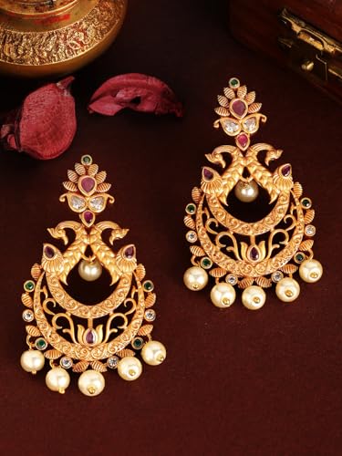 Image of Rubans Chandbali Earrings Gold Plated Traditional Pearl Detailed Jewellery Gift for Women & Girls