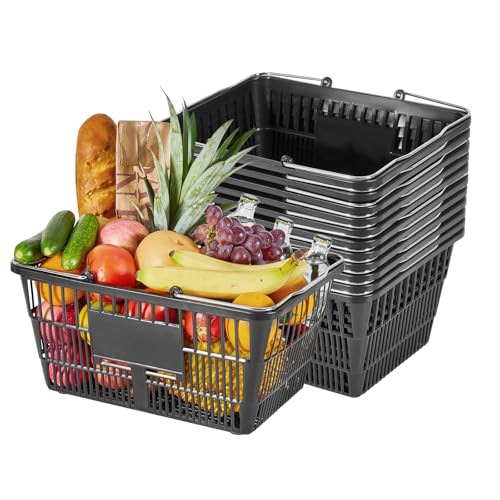 VEVOR Shopping Baskets, 12 PCS, 21L Stackable PE Plastic Grocery Baskets with Handles, Dense Mesh Structure, Holds up to 20 lbs, Portable for Grocery, Retail, Stores, Supermarket, Home Use, Black