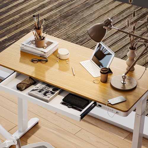 Image of FLEXISPOT Electric Standing Desk with Drawer Storage Adjustable Height Quick Assembly Table w /USB Charge Ports, Child Lock （Natural Desktop + White Frame）