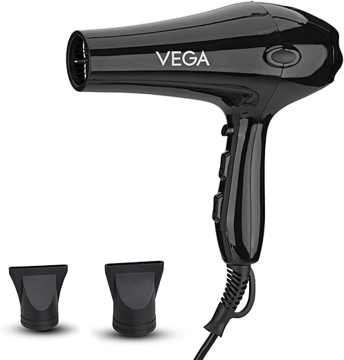 Vega Vhdp-02 Professional Hair Dryer For Women & Men- (Pro Touch 1800-2000W) Cool Shot Button & 2 Detachable Nozzles|Black|2000 Watt