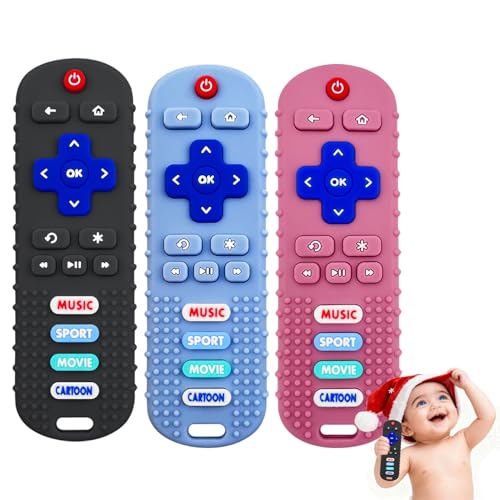 Image of MACLUD 3 Pack Remote Control Shape Silicone Teethers for Babies Chew Toys, Teething Toys for Infant Toddlers,Baby Remote Control Toy, teethers for Babies 6-12 Months (Black&Blue&Pink)