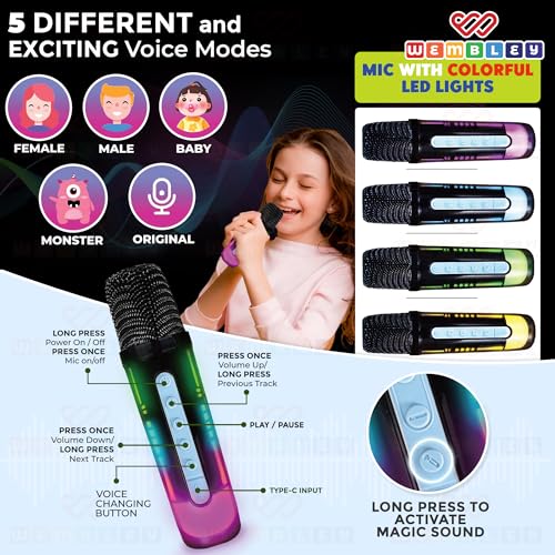 Image of Wembley Bluetooth Speakers Wireless | Rechargeable Karaoke Mic with Speaker | Portable Karaoke System for Home | Mic for Kids for Singing | Mike for Kids with Speaker | RGB Lights | 5 Voice Effects