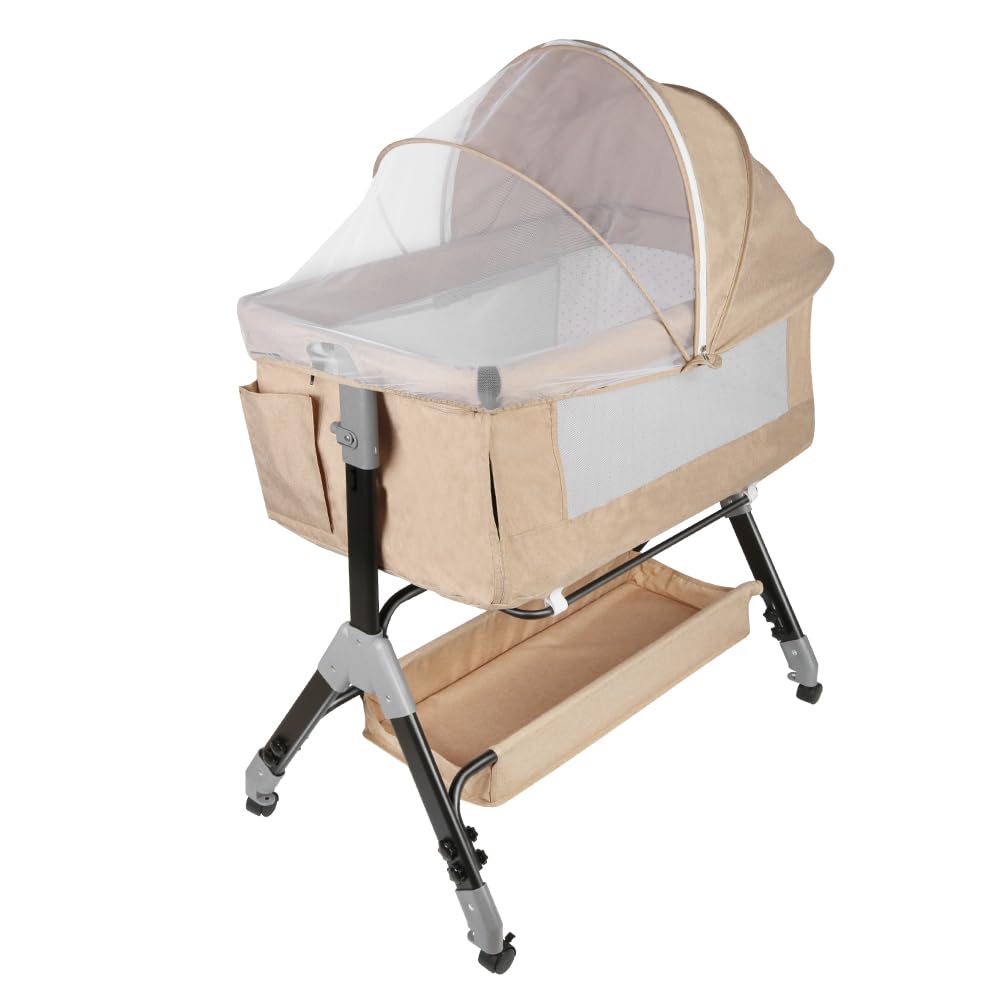 Berceau Cododo avec Matelas et Moustiquaire, Lit pour Les Bébés de 0 à 36 Mois Pliable -Berceau bébé Mobile Lit d'Appoint 4 Réglage de la Hauteur,104 * 52 * 100-110cm,Beige