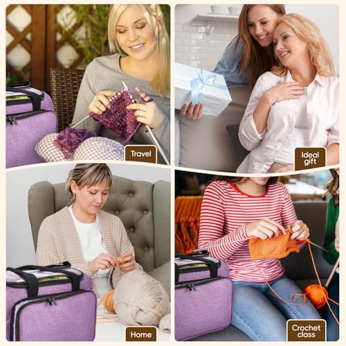 Image of Knitting Bag, Large Capacity Yarn Storage Organizer Tote Bag with Compartments and Pockets for Knitting Needles, Crochet Hooks, Knitting Project and Accessories, Bag Only, Purple