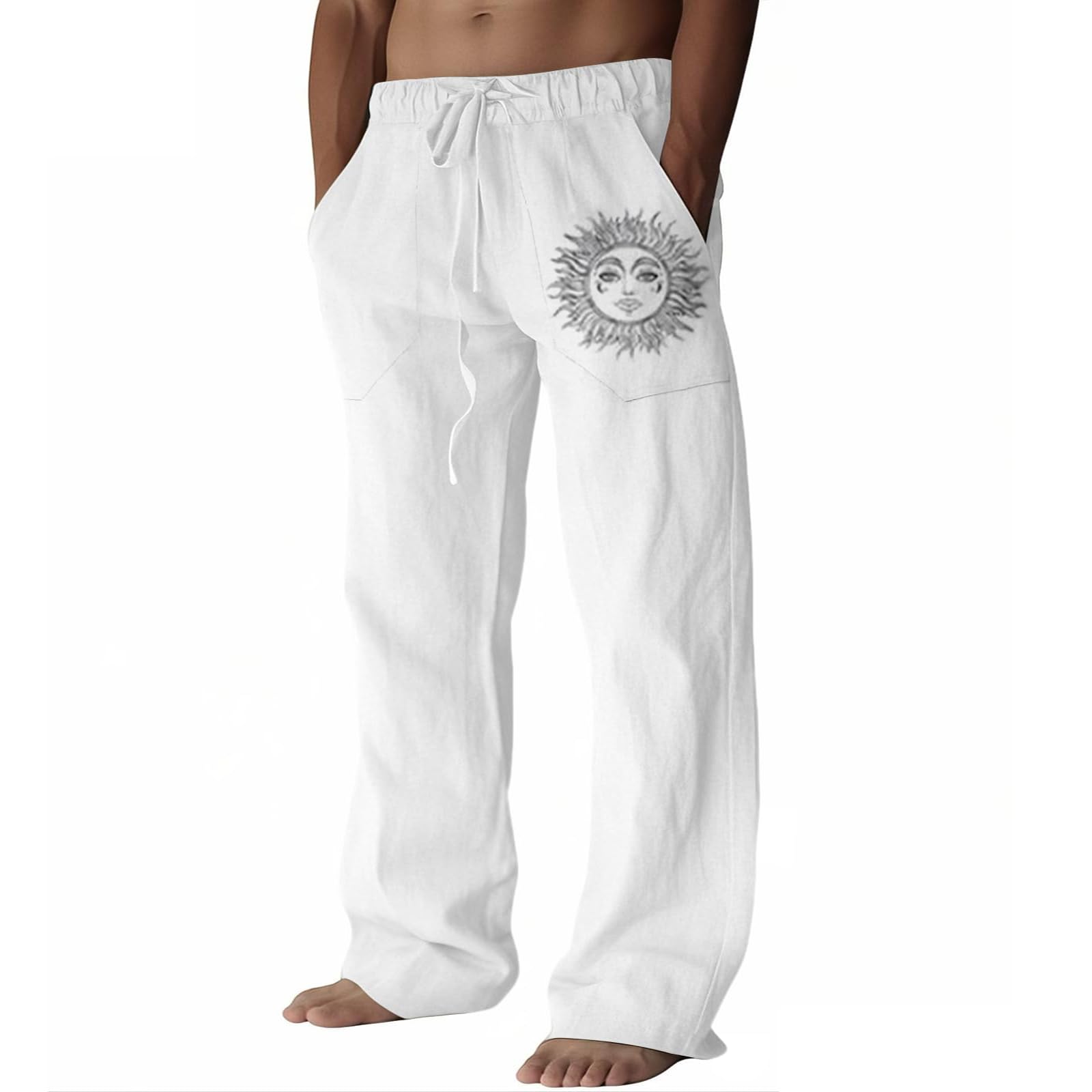 Puimentiua Leinenhose Herren,Lang Leichte Sommerhose,Loose Fit Freizeithose,Baumwollehosen mit Tunnelzug und Taschen (S-3XL)