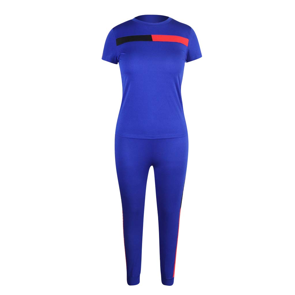Kombinezon damski na lato moda dwuczęściowa koszulka + ubrania 7/8 fitness sport jogging spodnie joga casual basic, NIEBIESKI, XL
