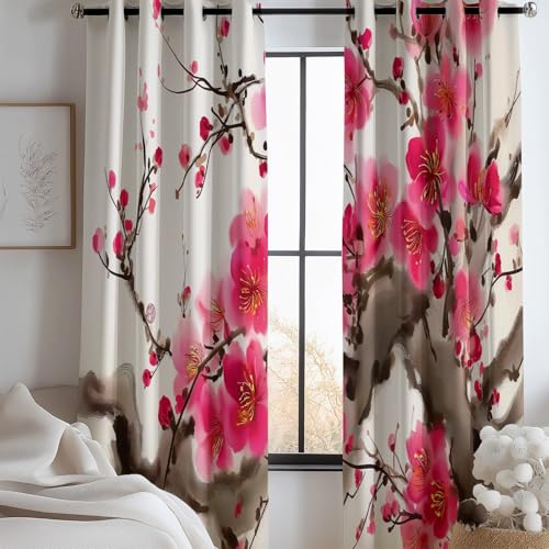 Genérico Cortinas Opacas Pintura Tinta China 2 Piezas, 3D Impresión Digital Tradicional Florescortinas Modernas Salon Reducción Ruido Sombreado 100% 70 An X 160 Al Cm - Niños Hogar Decoradas Beige