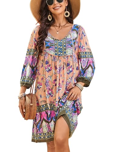 Image of Bluetime Women Casual Summer Dress Boho V Neck 3 /4 Sleeve Babydoll Floral Print Flowy Beach Dress