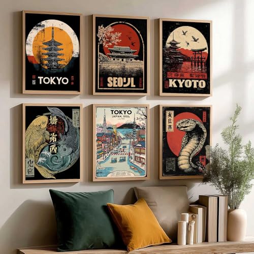 Image of HOTHOUSE Aesthetic Japanese Nature and City View Wall Framed Posters | Japanese Nature and City View Framed Poster for Living Room Bedroom Gaming Room Studio Wall Decor Set Of 6 (13X17 inch)