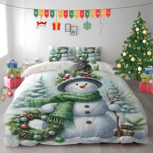 布団カバー クイーン クリスマスリース|マイクロファイバー 掛け布団カバー 210x210 +枕カバー 2枚 3点セット|吸汗速乾・防静電気・洗濯耐久|肌ざわり最高 雪だるまとクリスマスツリー なプリントデザイン PH407