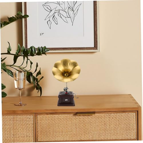 Gramophone Décoratif Vintage en Fer Peint Bronze Objet Déco à Manivelle