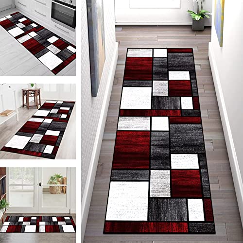 Tapis de Passage Antidérapant Tapis de Cuisine Long gris blanc rouge 80X300CM, Lavable Tapis de Couloir Moderne Géométrique Tapis Salon Chambre pour Entrée Interieur Paillassons Largeur 40cm- 120cm