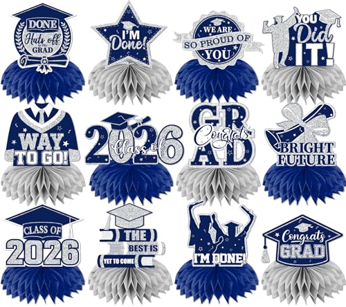 Image of 12pcs Graduation Table Decorations,Silver and Navy Blue Graduation Decorations 2026 Graduation Centerpieces for Tables,Class of 2026 Centerpieces Honeycomb for Congrats Grad Table Decor (Navy Blue)