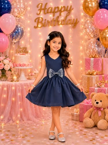 Image of SOFYANA Poly Satin V-Neck A-Line Dress for Your Sweet Baby Girl Kids Frock Navy Blue 1-2 Year