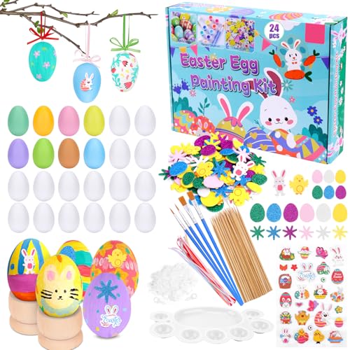 Kkluno Huevos de Pascua para Pintar, 24 Piezas Huevos de Pascua con Pegatina de Espuma, Manualidades de Pascua Decorar para Niños, Embalaje en Caja de Color para Regalos de Pascua