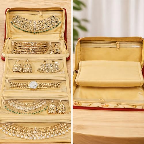 Image of Trendifly Embroidery Sling Jewellery Organiser Storage Bag Pouch for women & girls | Bank Locker jewelry Organizer | Earring Necklace Bangles Organiser for Travel & Gifting (Red)