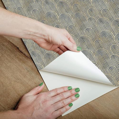 Image of Wallpaper Self Adhesive Wall Covering Elegant Semi-Circular Arches with Gold and Gray Concentric Lines (41cm x 244cm)
