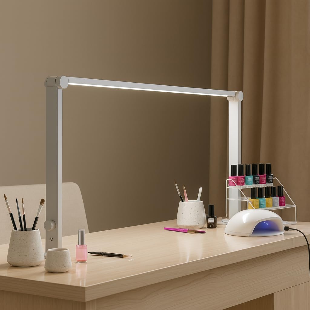 Foldable Half Moon Nail Desk Lamp, 33" 48W Dimmable LED Light for Nail Tech, 3 Color Modes 3000K–6000K Adjustable Brightness, Professional Salon & Home Manicure Lamp (Silver)