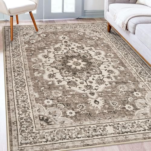 TOPRUUG Washable Oriental Area Rug - 5x8 Rugs for Living Room Soft Carpet for Bedroom Waterproof Floral Distressed Indoor Stain Resistant Non-Shedding Floor Carpets (Beige, 5x8)