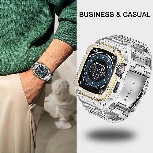 Image of BAITEYOU Stainless Steel Band with Case Compatible with Apple Watch Series SE 3 2 1 /6 5 4 (44mm), Series 3 2 1 (42mm), Metal Protective Bumper Rugged Cover for iWatch Bands Men (Silver /Gold)