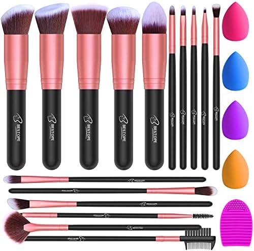 BESTOPE PRO 16Pcs Makeup Brushes Set, 4Pcs Beauty Blender Sponge Set and 1 Brush Cleaner, Premium Synthetic Foundation Brushes Blending Face Powder Eye Shadows Make Up Brushes Kit, Rose Gold