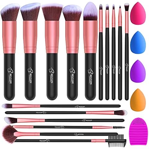 BESTOPE PRO 16Pcs Makeup Brushes Set, 4Pcs Beauty Blender Sponge Set and 1 Brush Cleaner, Premium Synthetic Foundation Brushes Blending Face Powder Eye Shadows Make Up Brushes Kit, Rose Gold Cover