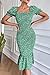 PRETTYGARDEN Women's Summer Floral Midi Bodycon Dresses Short Puff Sleeve Square Neck Ruffle Hem Mermaid Cocktail Dress (Green,Large)
