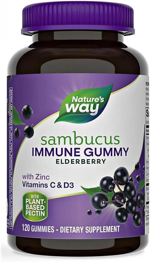 Nature S Way Sambucus Elderberry with Vitamin C and Zinc, 120 Gummies, Daily Immune Support for Kids and Adults