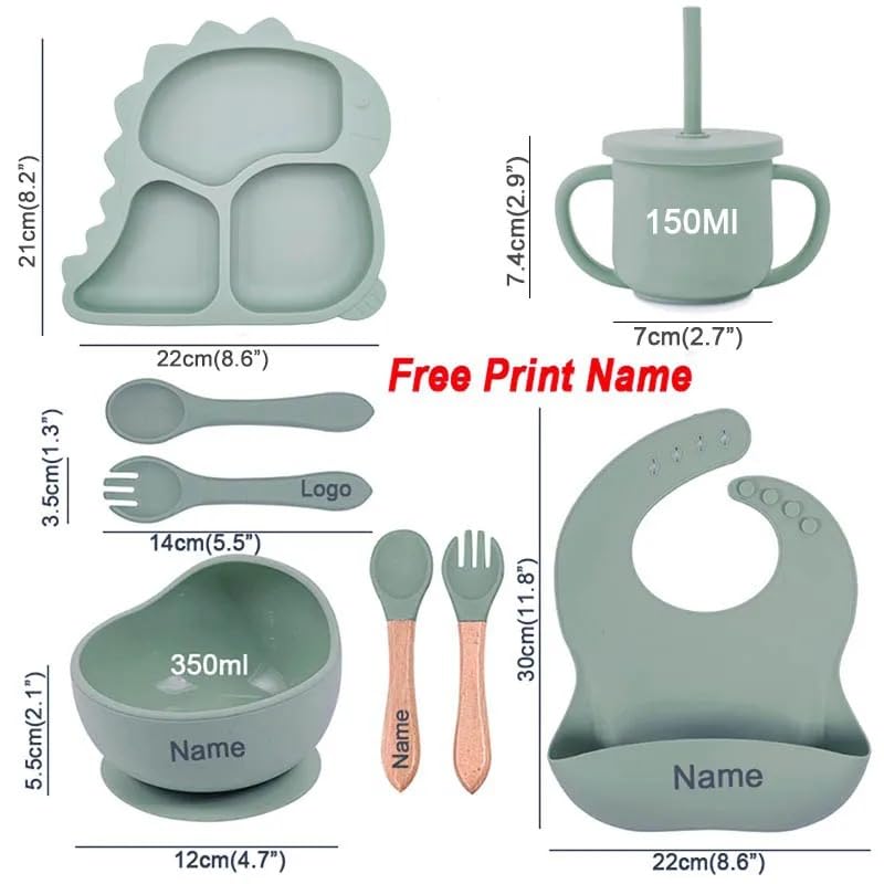 Personalized Baby Name Dinosaur Feeding Set 8Pcs, Custom Name Baby Silicone Weaning Set, Feeding Set With Name BPA Free