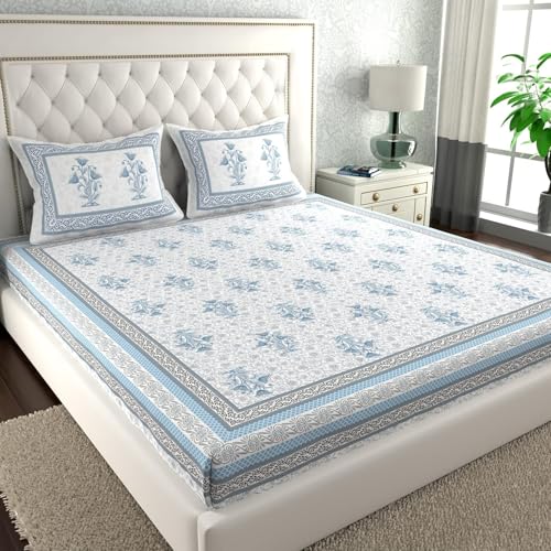 Image of La Verne 140 TC 100% Cotton King Size Jaipuri Rajasthani Print Bedsheet with 2 Pillow Covers (Light Blue)