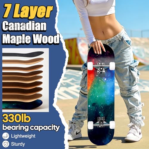 Image of Skateboards for Beginners Adults Youths Teens Kids Girls Boys 31 Inch Pro Complete Skate Boards 7 Layer Canadian Maple Double Kick Concave Longboards