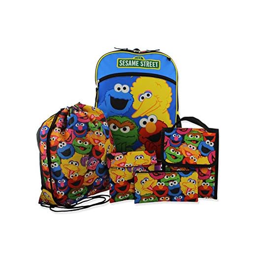 Sesame Street Boys Girls 5 piece Backpack Lunch Bag and Snack Bag School Set (One Size, Blue/Multi)