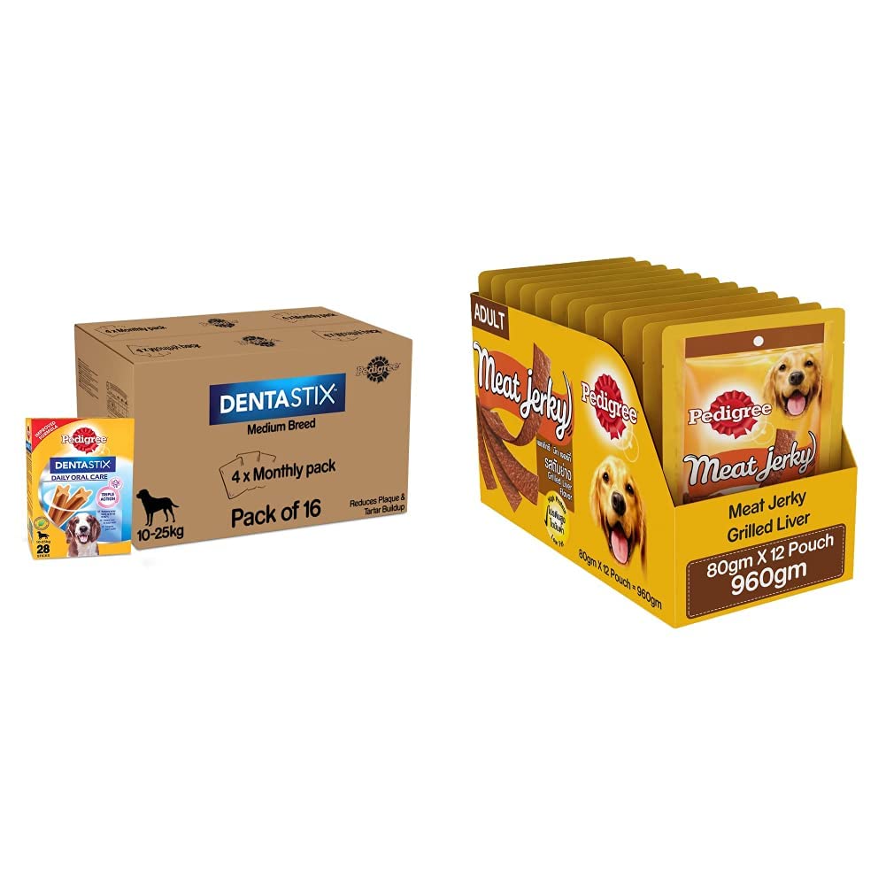 Pedigree Dentastix Oral Care Treats for Medium Breed Adult Dogs (10-25 kg) 28 Sticks, Pack of 16, Monthly Pack&Pedigree Meat Jerky Treats for Adult Dogs, Grilled Liver Flavour, 12 Pouches (12 x 80g) (B0BP5D2L16) Amazon Price History, Amazon Price Tracker