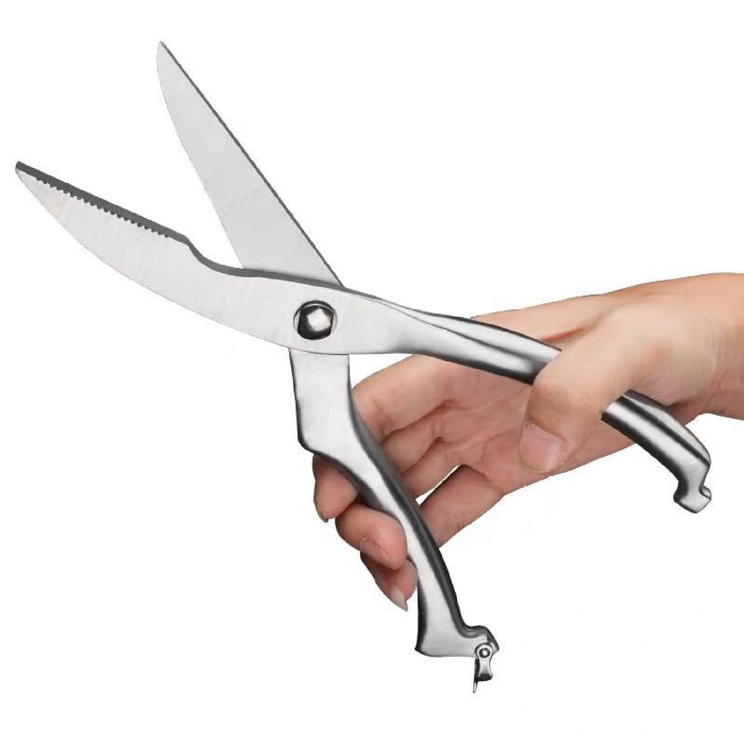 HEXONIQ® Kitchen Shears, Poultry Shears, Kitchen Scissors, Heavy Duty Stainless Steel With Spring Loaded & Safe Lock, Great For Cutting Up Chicken Fish Meat Seafood Vegetable Bbq (Silver)