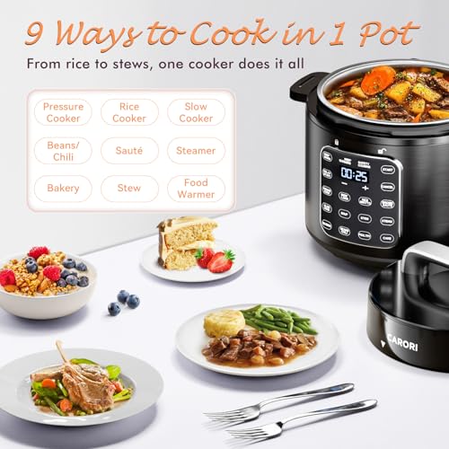 Image of 9-in-1 Electric Pressure Cooker 6 Quart Black, Stainless Steel Pot, 12 Preset Functions with Touchscreen, Safe Steam Release, Stew, Slow Cook, Rice, Saute, Warmer