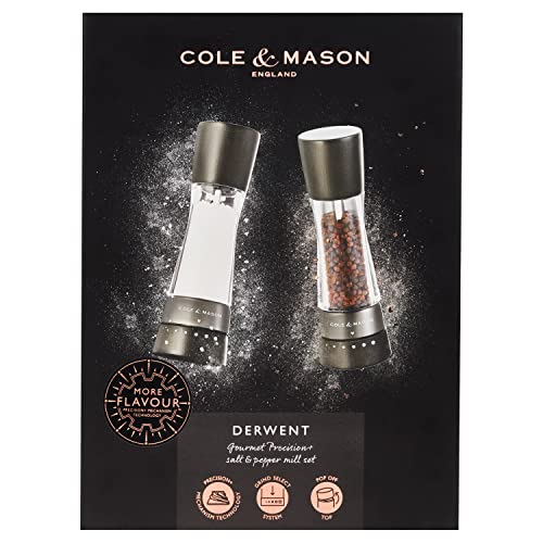 Image of Cole & Mason H332293 Derwent Black Wood Salt and Pepper Mills, Gourmet Precision+, Adjustable Grind, Stained Beech /Acrylic, 190 mm, Gift Set, Includes 1 Salt and 1 Pepper Grinders