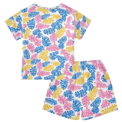 ALAZA Tropical Palm Leaves Blue Yellow Pajamas Set Short Sleeve Cotton Sleepwear Summer Pjs 2 Piece 5-14Y2